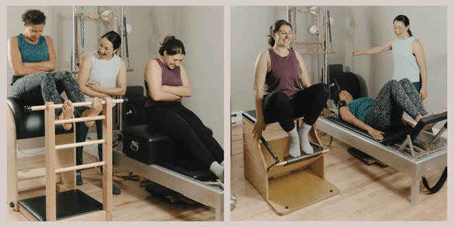 Images côte à côte d’une séance semi-privée de Pilates à Montréal. À gauche, deux clientes exécutent le mouvement “Hug” de la série Short Box — l’une sur le Ladder Barrel, l’autre sur le Reformer. À droite, elles font les exercices de Footwork — l’une sur la Wunda Chair, l’autre sur le Reformer — accompagnées d’une instructrice certifiée.