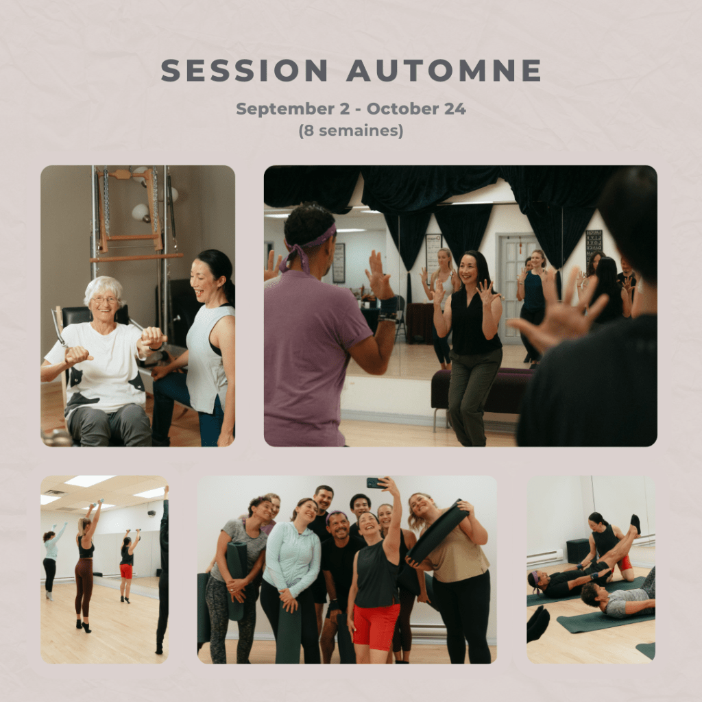 Horaire de la session automne 2025 de Cadance Pilates et Jazz avec photos de cours privés de Pilates, cours de groupe de Pilates, barre et jazz à Montréal.