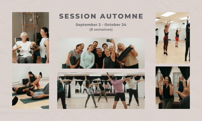 Horaire de la session automne 2025 de Cadance Pilates et Jazz avec photos de cours privés de Pilates, cours de groupe de Pilates, barre et jazz à Montréal.